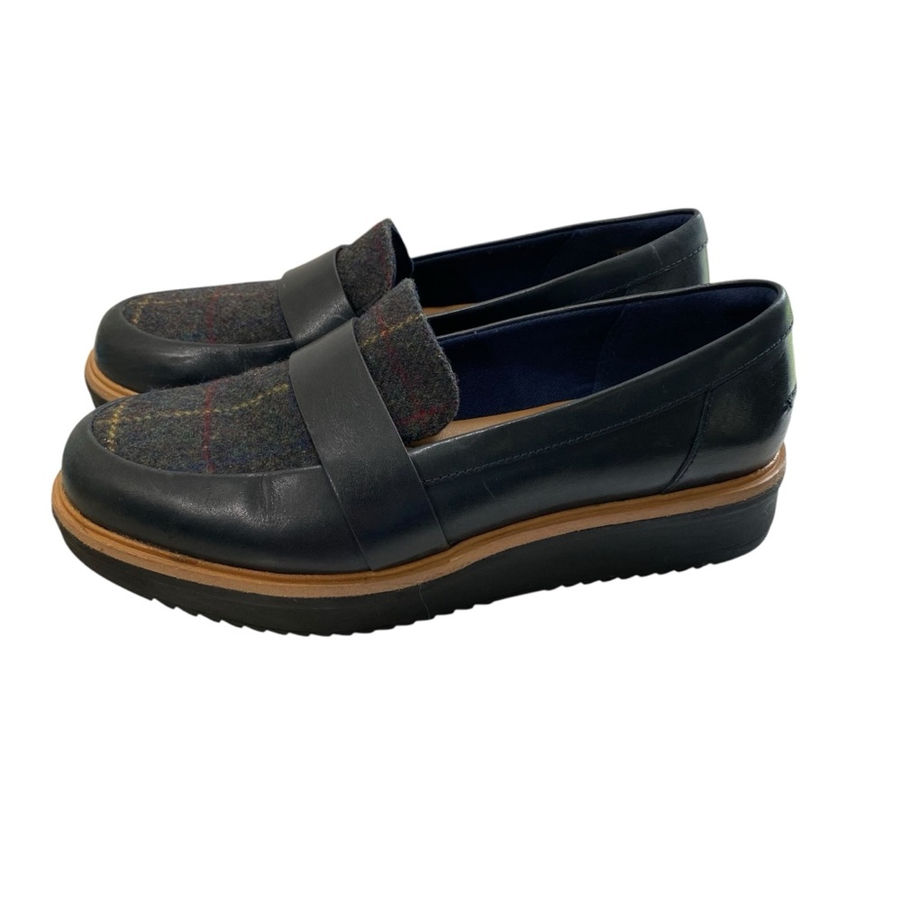 Clarks Artisan Leather Penny‎ Loafers Women's 7.5M Plaid Herringbone Black Wedge
